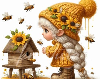 Sunflower Gnome Clipart | 10-JPG 300DPI | Spring Floral Images for Junk Journals, Scrapbook, Crafts, Whimsical, Flower Cute Girl, Digital