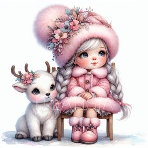 Renne gnome rose, amie | 10 fichiers JPG premium 300 ppp | Clipart de nain d'hiver, des graphiques de Noël confortable, lunatique vacances fantastique des cliparts