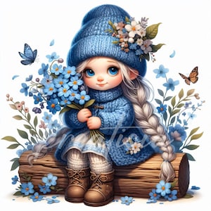 Spring Blue Gnome Clipart | 10-JPG 300DPI | Floral Spring Images Cute Girl Gnome for Scrabooking, Junk Journals, Crafting, Digital Download