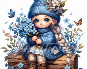 Spring Blue Gnome Clipart | 10-JPG 300DPI | Floral Spring Images Cute Girl Gnome for Scrabooking, Junk Journals, Crafting, Digital Download