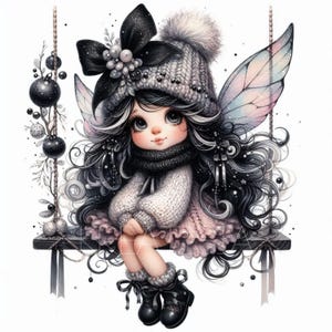 Süße kleine Fee Clipart | 10 Premium-JPGs 300DPI | Schwarze Fee Wichtel Aquarell Clipart, süßes Mädchen, Kokette Puppe, Winter-Fantasy-Kunst-Dekor