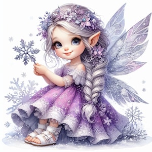 Clipart fée violette | 10 fichiers JPG premium 300 ppp | Clipart lunatique fée des vacances d'hiver, décoration de vacances mignonnes d'hiver, fantastique, Noël