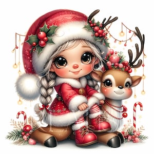Gnomo navideño (10 imágenes JPG de alta calidad, 300 DPI) - Imágenes navideñas de una linda niña y su amigo reno (Acuarela, CC005)