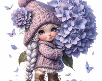 Cozy Bloom Gnome | 10 High-Quality JPGs 300DPI | Spring Florals Purple Gnome, Lavander Hydrangea Flowers, Watercolor Bundle Clipart