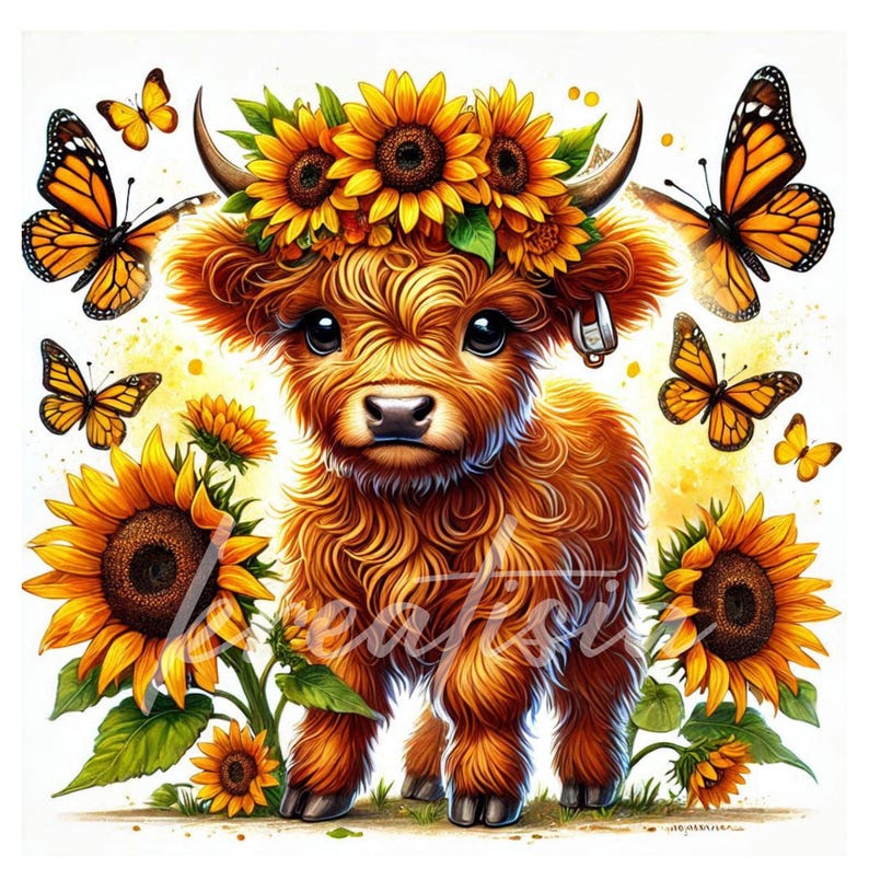 Highland Cow Sunflower Clipart | 10-premium Jpegs 300DPI | Sunflower ...