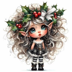 Puede incluir: Una ilustración caprichosa de un elfo navideño con grandes ojos azules, que lleva un vestido negro con un diseño de copo de nieve y leggings a rayas. El elfo tiene pelo largo y rizado gris y una corona de acebo con bayas rojas.