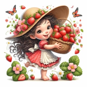 Clipart de nain de fraises | 10 fichiers JPG de haute qualité 300 ppp | Jolie fille printanière, clipart de récolte de fruits pour la création, le bricolage, l'automne, l'aquarelle