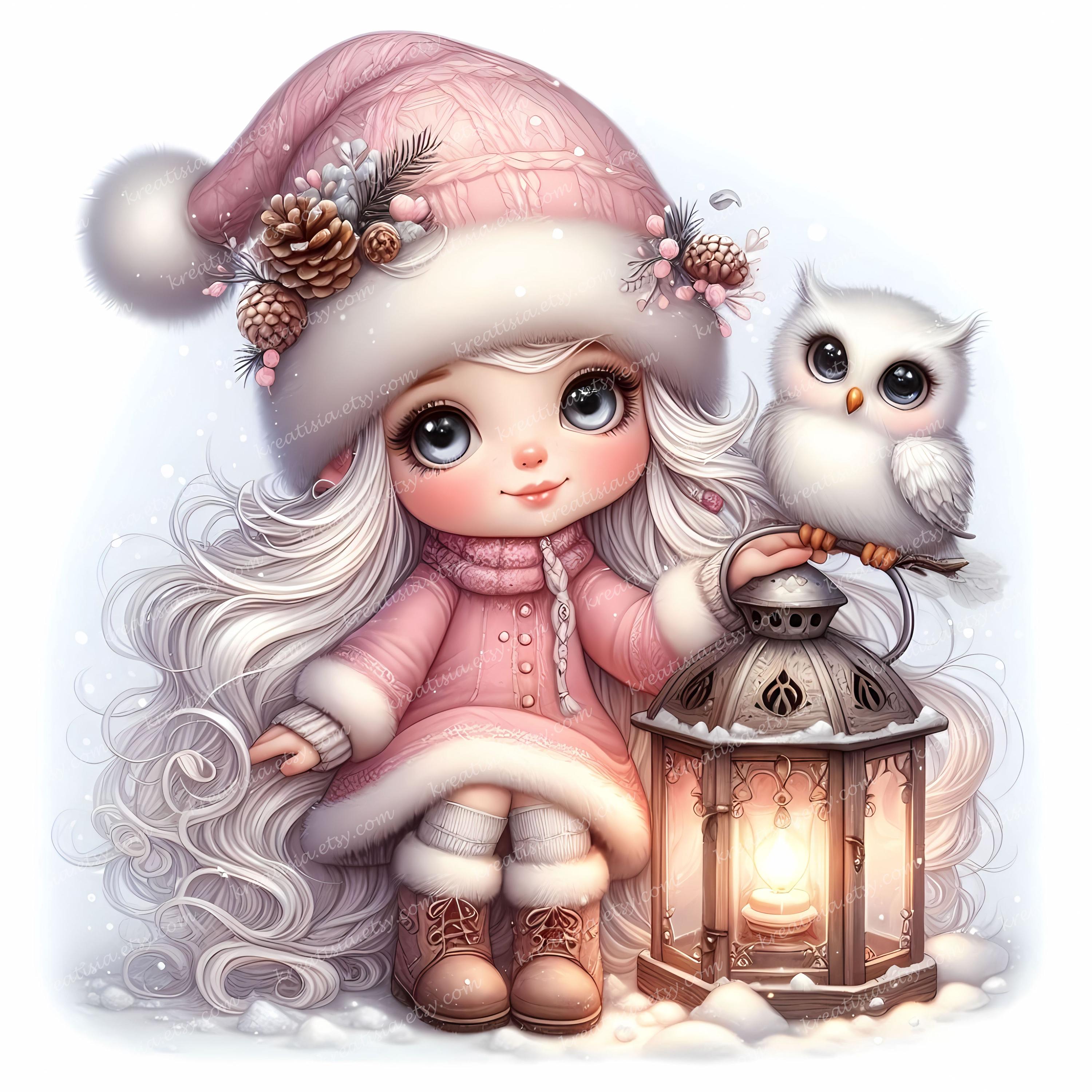 Pastel Winter Gnome Clipart: Girl, Owl, Snow Fantasy Art (300 DPI JPGs)