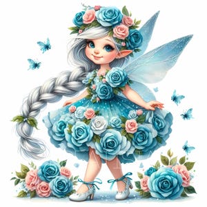 Princesse féerique du jardin | 10 fichiers JPG de haute qualité 300 ppp | Illustration de fées, floral bleu printanier fantaisiste, papillon, aquarelle
