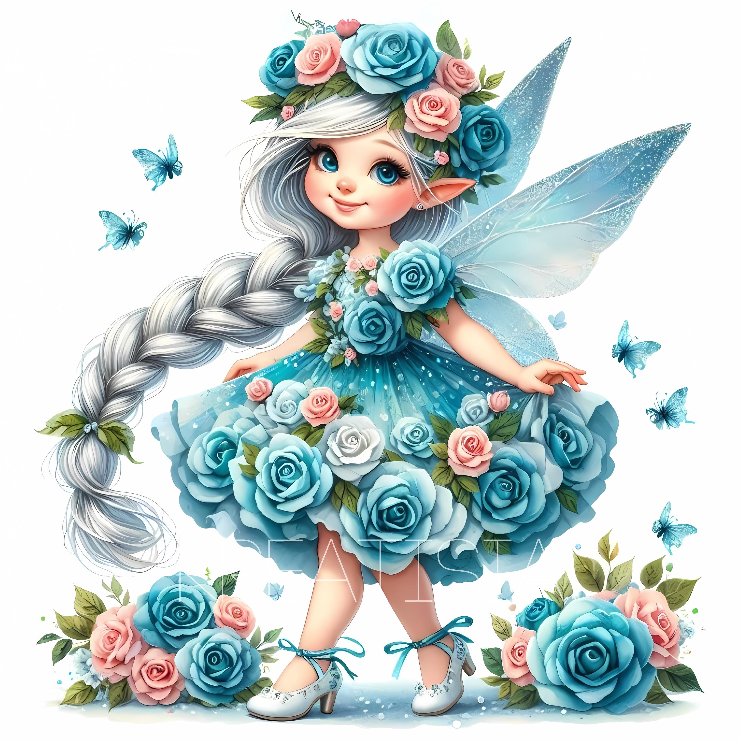 Fairy Garden Princess | 10 High-Quality JPGs 300DPI | Fairies Illustration, Whimsical Floral Spring Blue, Butterfly, Watercolor Bundle