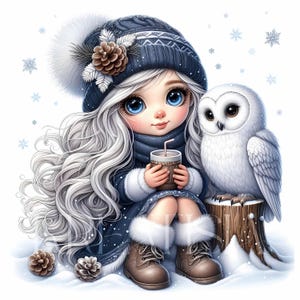 Fille hivernale et hibou sympathique des cliparts | JPG 300 ppp de haute qualité, lot de 10 | Harfang des neiges magique au pays des merveilles hivernales