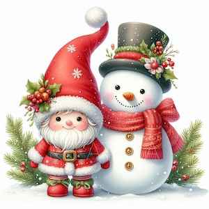 Natal Papai Noel Gnomos e Boneco de Neve Clipart | 10-Premium JPGs 300DPI | Gnomos de Inverno Aquarela, Clipart Festivo de Férias, Gráficos de Diário de Lixo