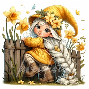Adorable Spring Girl Clipart | High-Quality 10-JPGs | Yellow Flower Gnome, Butterfly Garden Daffodil, Bundle, Watercolor, Crafting, Journal