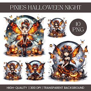 Halloween Fairy Watercolor Clipart PNG Sublimation Bundle Spooky Digital Stickers Transparent Graphics Cute Scary Elements Crafting HPNG001