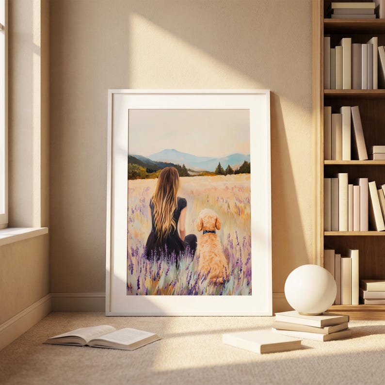Girl and Goldendoodle Poster, Dog Lover Decor, Meadow Wall Art, Pet Digital Download, Wildflower Poster, Nature Decor Poster image 3
