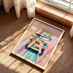 Book Lover Poster, Girl Holding Books Wall Art, Pastel Reading Decor, Library Aesthetic Print, Bookish Room Art image 5