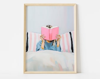 Woman Reading in Bed Poster, Colorful Book Lover Wall Art Print, Reading Nook Library Decor, Whimsical Retro Girly Poster, Cozy Bedroom Art