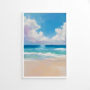 Ozean Poster, Rosa Küsten Wandbild, Pastell Strand Haus Dekor, Sommer Meer Impressionist Kunstdruck, Aquarell Kunstdruck