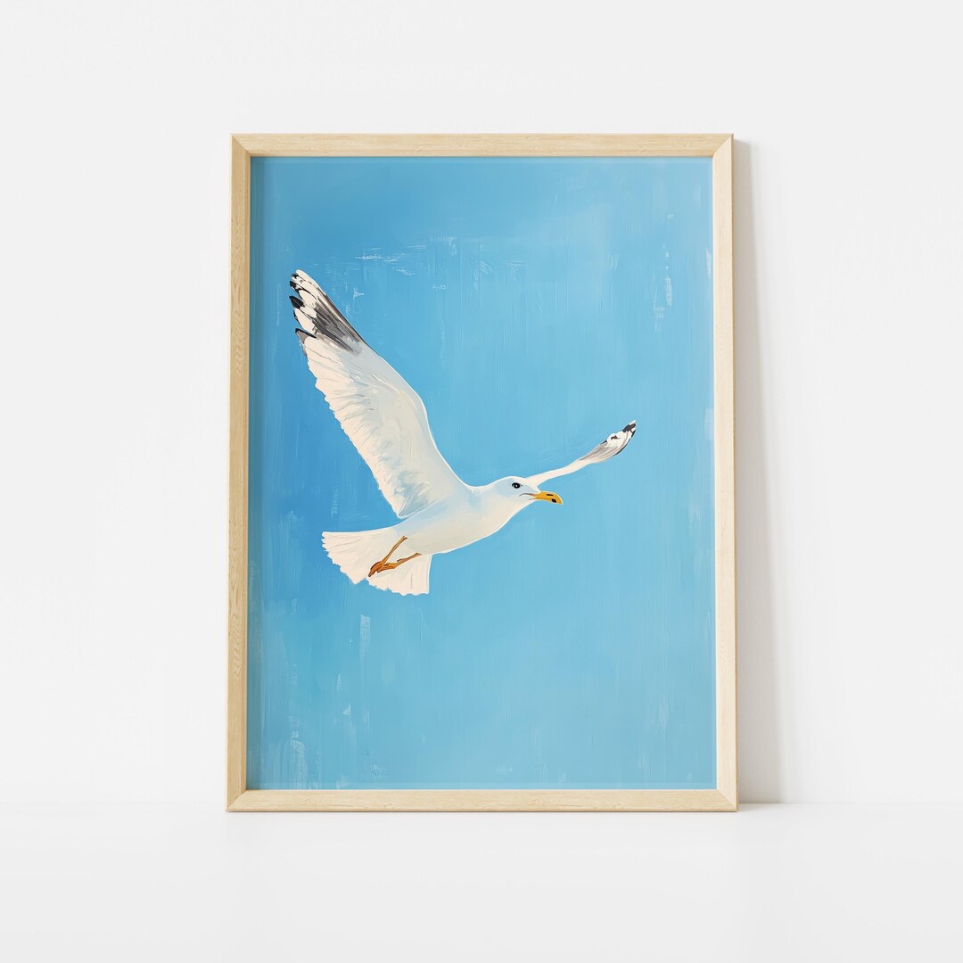 Seagull in Sky Poster: Minimal Blue Coastal Wall Art for Beach House ...