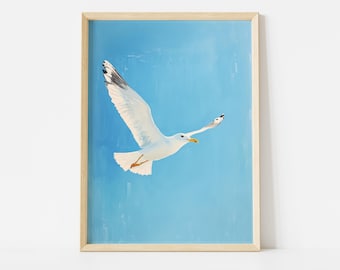 Seagull in Sky Poster: Minimal Blue Coastal Wall Art for Beach House Decor