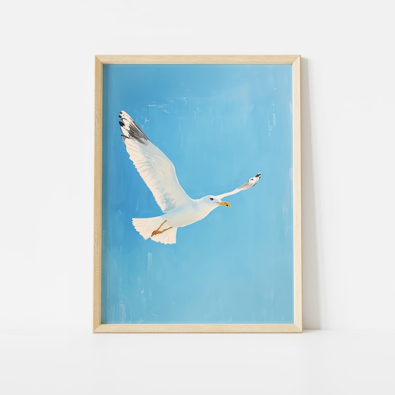 Seagull in Sky Poster: Minimal Blue Coastal Wall Art for Beach House ...