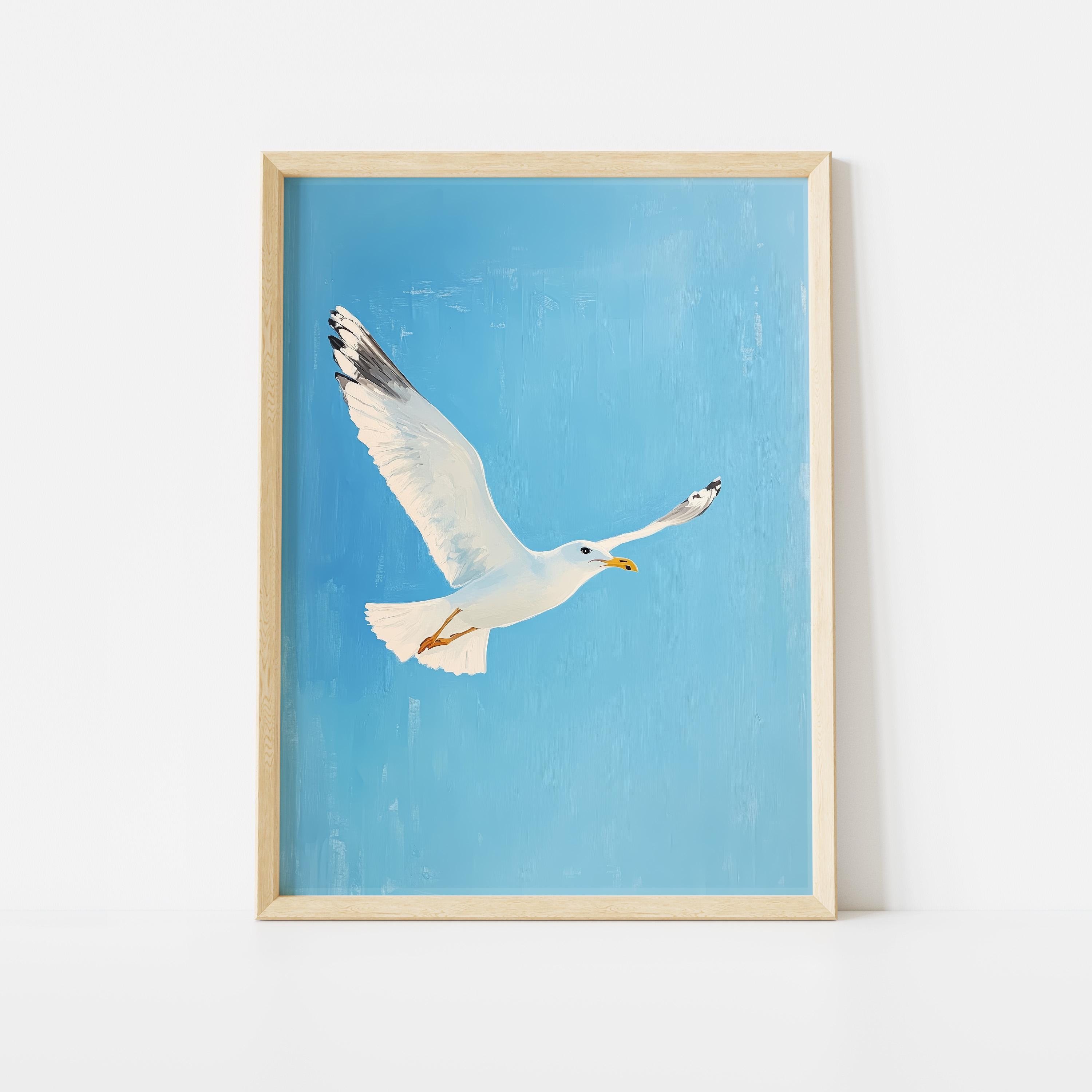 Seagull in Sky Poster: Minimal Blue Coastal Wall Art for Beach House ...