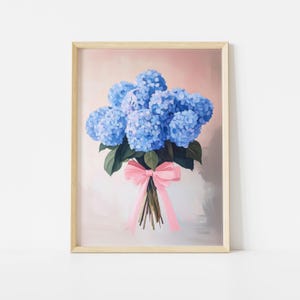 Blue Hydrangea Art, Floral Wall Print, Girly Home Decor, Bouquet Poster, Pink Bow Art, Flower Poster, Trendy Floral Decor, Pastel Flower Art image 1