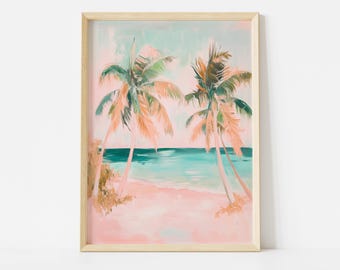 Pastel Palm Tree Poster, Tropical Coastal Wall Art, Colorful Summer Beach House Decor, Trendy Girly Print, Summer Wall Art