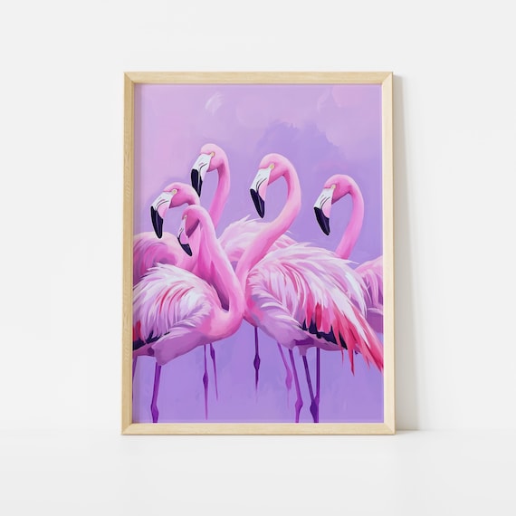Pink Flamingo Poster, Purple Summer Coastal Wall Art, Tropical Beach House Animal Print, Girly Pastel, Purple Flamingo Art
