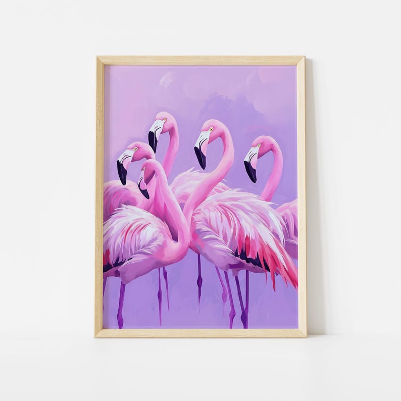 Pink Flamingo Poster, Purple Summer Coastal Wall Art, Tropical Beach House Animal Print, Girly Pastel, Purple Flamingo Art image 1