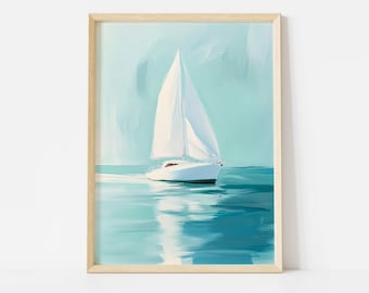 Sailboat Poster: Minimalist Pastel Wall Art with Blue Ocean for Nautical Coastal Decor