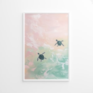 Meeresschildkröten schwimmen Poster, Tropisches Tier Kunstdruck, Küstenstrand Haus Dekor, Pastell Sommer Wandkunst, Buntes Ozean Poster Druck