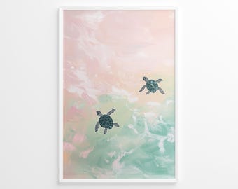 Sea Turtles Swimming Poster, Tropical Animal Art Print, Coastal Beach House Decor, Pastel Summer Wall Art, Colorful Ocean Poster Print