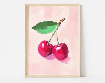 Poster Cerise : oeuvre d'art murale de cuisine rose pastel pour une décoration estivale fraîche