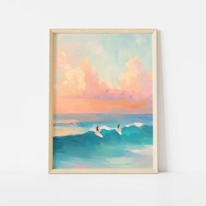 Surfer Duo Poster, Pastel Ocean Wave Wall Art, Sunset Surf Scene Print, Tropical Beach Decor, Coastal Surfer Painting