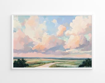 Colorful Hill Country Poster, Texas Sky Landscape Wall Art, Vibrant Countryside Scenery Print, Pastel Spring Poster, Whimsical Nature Decor