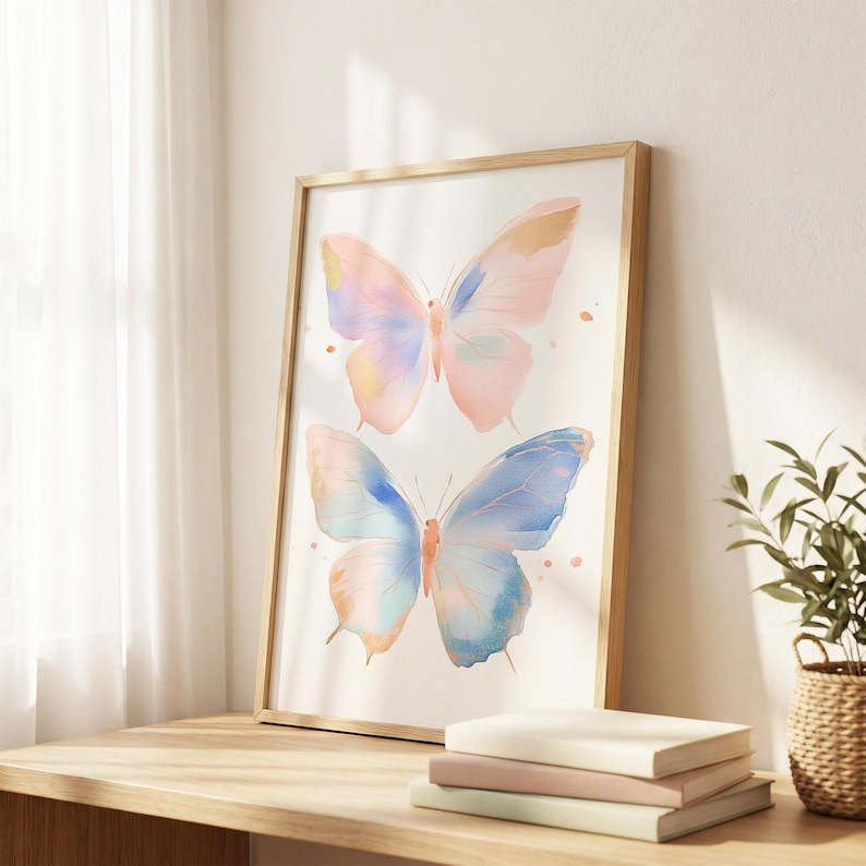 Two Pastel Butterflies Poster, Colorful Abstract Insect Wall Art Print, Animal Watercolor Decor, Tween Girl’s Room, Butterfly Art Print image 2