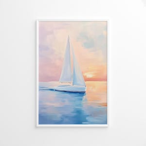 Pastell Segelboot Poster, Küsten Wandkunst, Strand Haus Dekor, Sonnenuntergang Meer Landschaft Druck, Ozean Kunst Poster, Sommer Wandkunst, Küsten Kunstdruck