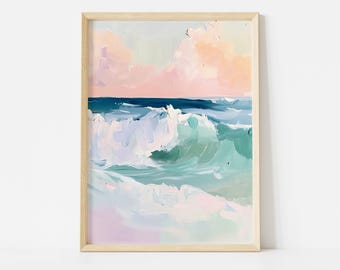 Pastel Ocean Waves Poster, Pink Coastal Sunset Wall Art, Beach House Summer Decor, Vibrant Shore Print, Summer Wall Art