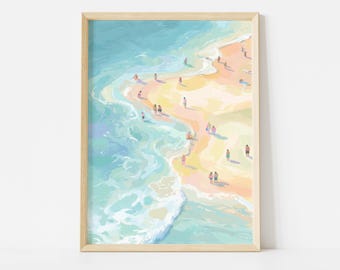 Aerial Beach Scene Art Print, Impressionist Coastal Wall Decor
