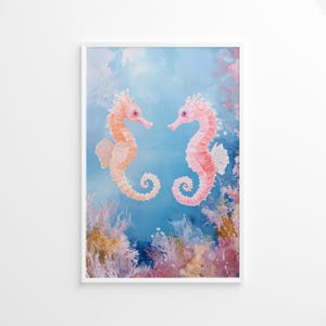 Seepferdchen Paar Poster, Pastell Ozean Wandkunst, Unterwasserkorallenriff Druck, Küsten Sea Life Dekor