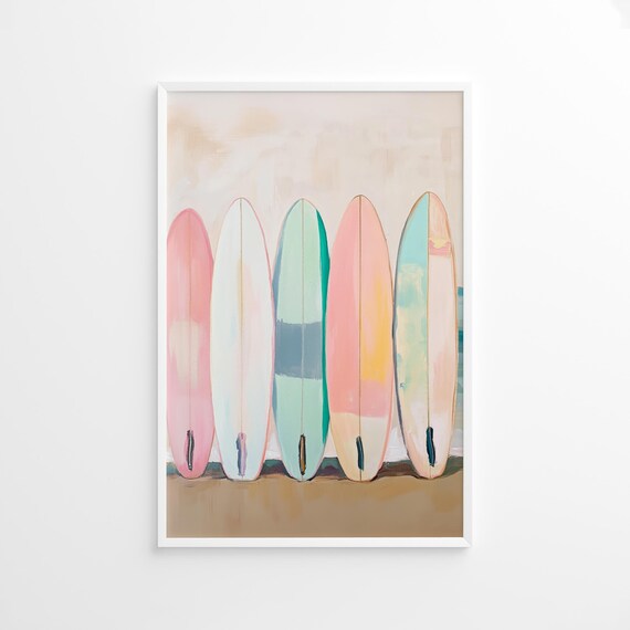 Pastel Surfboard Poster, Beach Coastal Wall Art, Colorful Ocean Surf Print, Summer Sea Decor