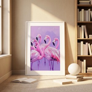Pink Flamingo Poster, Purple Summer Coastal Wall Art, Tropical Beach House Animal Print, Girly Pastel, Purple Flamingo Art image 3