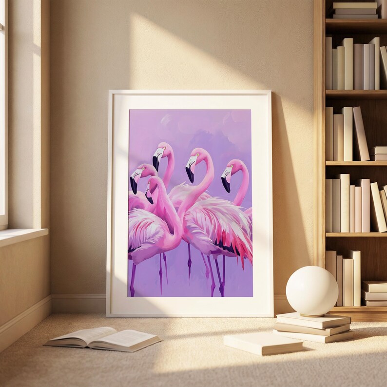 Pink Flamingo Poster, Purple Summer Coastal Wall Art, Tropical Beach House Animal Print, Girly Pastel, Purple Flamingo Art image 3
