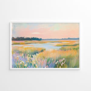 Poster di paesaggio astratto colorato, stampa di campi pastello vivaci, decorazione murale massimalista stravagante, poster primavera estate, opera d'arte di natura serena