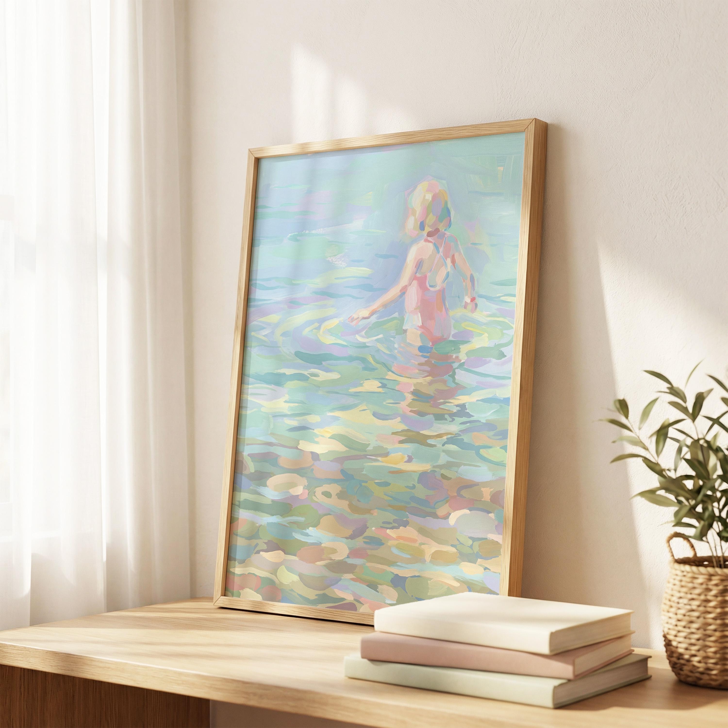 水遊びをする少女のパステル印象派風イラスト、ピンクの水着を着た夏の