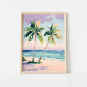 Palme Poster, rosa Sonnenuntergang Kunst, Strandhaus Wanddekoration, Küsten Tropischer Druck, Bunte Sommer Dekoration, Bunte Küste Bild 1