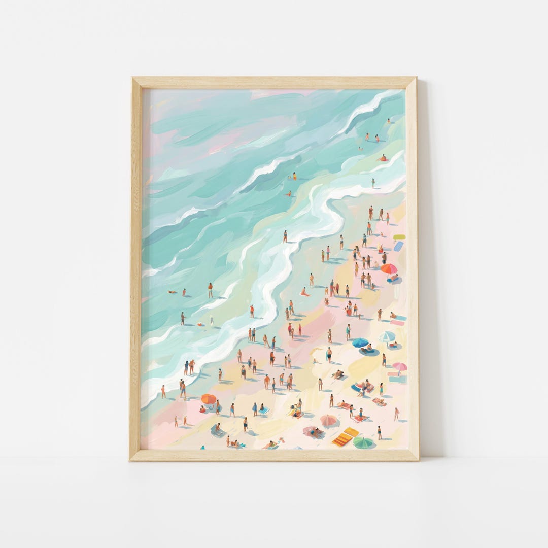 Beach Crowd Print, Aerial Ocean Poster, Pastel Coastal Wall Art