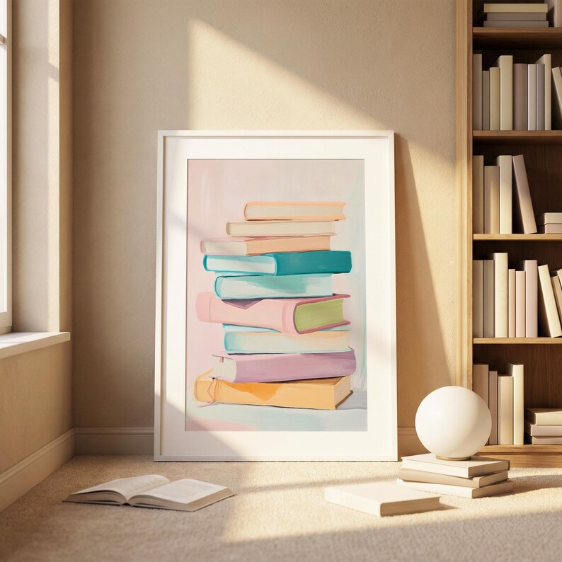 Pastel Book Stack Poster, Minimalist Reading Art Print, Soft Color Book ...