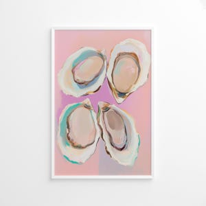 Poster con conchiglie di ostriche rosa pastello, arte astratta per cucina costiera, arredamento colorato per la casa estiva sulla spiaggia, stampa per sala da pranzo, poster per cucina